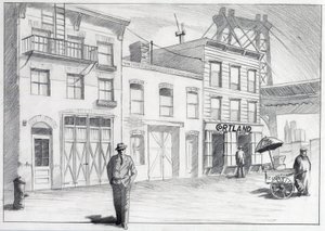 USA, New York: utsikt over en gate fra et nabolag i byen på 1950-tallet. Tegning av Alessandro Lonati av Alessandro Lonati