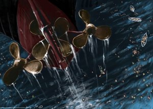Utsikt over heliksene til det transatlantiske ruteskipet Titanic ved forliset 14. og 15. april 1912. Illustrasjon av Alesandro Lonati. 2010 av Alessandro Lonati