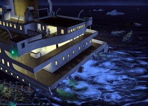 Utsikt over det transatlantiske ruteskipet Titanic på tidspunktet for forliset 14. og 15. april 1912. Illustrasjon av Alesandro Lonati. 2010 av Alessandro Lonati