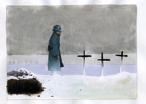 Første verdenskrig: en fransk soldat i en krigsgrav som ser på korsene av Alessandro Lonati