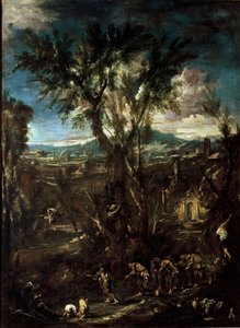 Fantastisk landskap med munker, maleri av Alessandro Magnasco dit il Lissandrino (1667-1749) 1720 Dim.237x175 cm Pinacoteca di Brera Milan av Alessandro Magnasco