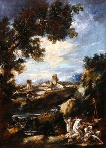 Landskap med karmelittbrødre som ber ved en helligdom ved veikanten, ca. 1720 (olje på lerret) av Alessandro Magnasco
