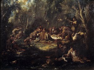 Scene av klosterlivet Munkene frokost, ber og leser i en underskog. Maleri av Alessandro Magnasco av Alessandro Magnasco
