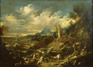 Stormfullt sjølandskap av Alessandro Magnasco