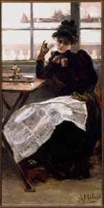 En kvinne i svart, leser avisen, nipper til en kopp kaffe i en bistro. Maleri av Alessandro Milesi (1856-1945) Genes Galleria av Arte Moderna