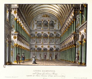 Et praktfullt sted: storslått palassal hvelvet Scenografi for forestillingen på Teatro Carcano i 1829 av operaen "Giulietta e Romeo" (Juliet og Romeo) (1796) av Niccolo Antonio Zingarelli etter William Shakespeares stykke "Romeo og Julie". Lith