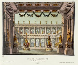 Et fantastisk sted: utsikt over et tempel Scenografi for representasjon av det lyriske dramaet "" Enea nel Lazio "" (1799) av Giuseppe Sarti. Litografi i "" Samling av naturskjønne oppfinnelser fra 1830 av Alessandro Sanquirico (1777-1849) "". Privat Milan av Alessandro Sanquirico
