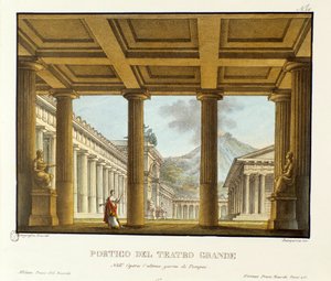 Portiko av Grand Theatre i Pompeii, i bakgrunnen Vesuve-scenografien for fremføringen av "operaen" L