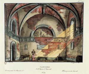 Fengselscellescenografi for forestillingen i Milano i 1829 av operaen "Tancredi" "(eller Tancrede) av Gioacchino Rossini (eller Gioachino) (1813) etter Voltaires stykke "Tancrede". Litografi i "" Samling av naturskjønne oppfinnelser fra 1830 av Alessandro  av Alessandro Sanquirico