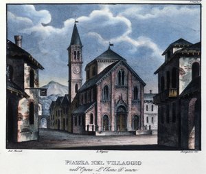 Scenografi for operaen "L'elisir d'amore"" (Kjærlighetens eliksir) av Gaetano Donizetti (1797-1848) for forestillingen på Teatro della Canobbiana i Milano 12.05.1832. Tegning av Alessandro Sanquirico (1777-1849) av Alessandro Sanquirico