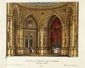 Soverommet til Elmire (eller Elmiro) Scenografi for operaen "" Otello"" av Gioacchino Rossini (eller Gioachino) (1816) etter William Shakespeares stykke "Othello or the Moor of Venice") 1830 (litografi) av Alessandro Sanquirico