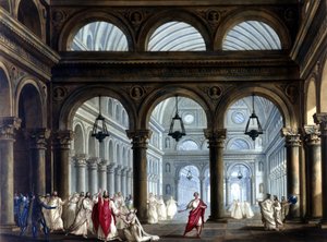 Templet til Irminsul i operaen "" Norma"" av Vincenzo Bellini (1801 - 1835): Scenografi av Sanquirico for forestillingen på teateret La Scala i Milano i 1833.