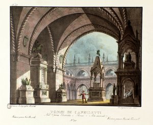 Graven til Capulet-familien (Capuleti) Scenografi for forestillingen på Teatro Carcano i 1829 av operaen "Giulietta e Romeo" (Juliet og Romeo) (1796) av Niccolo Antonio Zingarelli etter William Shakespeares stykke "Romeo og Julie". Lithograp