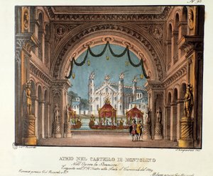 Vestibylen til slottet Montolino i Bretagne Scenografi for forestillingen på Teatro alla scala i 1829 av operaen "La straniera" "(1828) av Vincenzo Bellini. Litografi i "" Samling av naturskjønne oppfinnelser fra 1830 av Alessandro Sanquiri av Alessandro Sanquirico