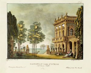 Utsikt over Otellos hage og hus Scenografi for operaen "" Otello "" av Gioacchino Rossini (eller Gioachino) (1816) etter William Shakespeares stykke "" Othello or the Moor of Venice "). Litografi i "" Alessandras samling av naturskjønne oppfinnelser fra 18 av Alessandro Sanquirico