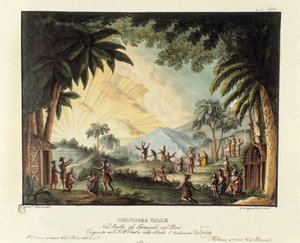Utsikt over en deilig dal på tidspunktet for erobringen av den nye verden av den spanske scenografien for balletten "" Gli spagnoli nel Peru"" av den italienske koreografen Giovanni Galzerani (1780-1865) (1828). Litografi i "" Raccolta di invenzioni scenic av Alessandro Sanquirico