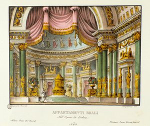 Utsikt over det kongelige palasset til dronningen av Kartago Didon Scenografi for representasjon av den lyriske tragedien "" Didone" (Didon) (1783) av komponisten Niccolo Vito Piccinni (eller Piccini) etter operaen til Metastasio (Metastase) av Alessandro Sanquirico