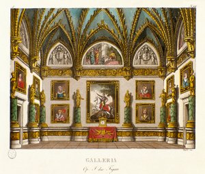 Utsikt over galleriet dekorert av malerier Scenografi for operaen "" I due figaro""" av den italienske komponisten Giuseppe Saverio Raffaele Mercadante (1795-1870), etter stykket "" The two figaros or the Subject of comedie" (1794) ) av Honore Francois Ric av Alessandro Sanquirico