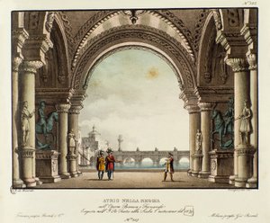 Utsikt over salen til det kongelige palasset Scenografi for representasjonen i 1829 av operaen "Bianca e Fernando" av Vincenzo Bellini (1826). Litografi i "" Samling av naturskjønne oppfinnelser fra 1830 av Alessandro Sanquirico (1777-1849) "". Privat Mila av Alessandro Sanquirico