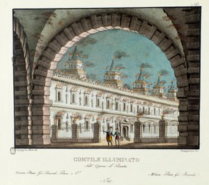 Utsikt over den store opplyste gårdsplassen Scenografi for representasjonen av operaen Il pirata (Piraten) (1827) av Vincenzo Bellini. Litografi i "" Samling av naturskjønne oppfinnelser fra 1830 av Alessandro Sanquirico (1777-1849) "". Milanesisk privat c av Alessandro Sanquirico