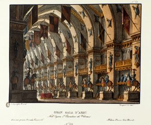 Utsikt over det store våpenrommet Scenografi for representasjon av operaen «I cavalieri di Valenza» av Giovanni Pacini og Gaetano Rossi (1828). Litografi i "" Samling av naturskjønne oppfinnelser fra 1830 av Alessandro Sanquirico (1777-1849) "". Milanese s av Alessandro Sanquirico