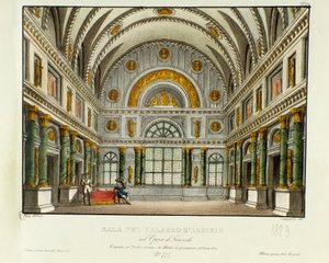 Utsikt over palasset til kongen av Syracuse Argirio Scenografi for forestillingen i Milano i 1829 av operaen "Tancredi" (eller Tancrede) av Gioacchino Rossini (eller Gioachino) (1813) etter Voltaires stykke "Tancrede". Litografi i "" Raccolta di invenzion av Alessandro Sanquirico