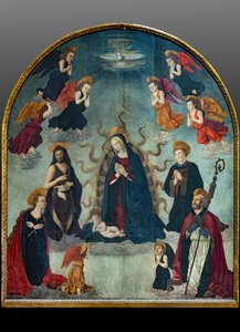 Madonna og barn med hellige (olje på panel) av Alessio & Scheggini Michele da Larciano (known as Graffione) (1470 85) Baldovinetti