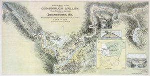 Fugleperspektiv av Conemaugh-dalen fra Nineveh til innsjøen, Johnstown, Pa.: fra personlige skisser og undersøkelser av Pennsylvania R.R. med tillatelse av Alex. Y.; Pennsylvania Railroad Lee