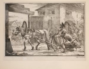 Å ri ut fra portene (litho) av after Alexander Orlowski