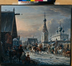 Russiske postsleder (troika) som sirkulerer i en gate om vinteren og hilser på innbyggerne på vei (Gate med postvogner) - Maleri av Alexander Osipovich Orlowski (1777-1832)