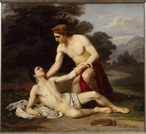 Apollo og Hyacinth (Apollo og Hyacinth). Den greske guden bøyer seg over den unge mannen, skadet i tinningen under diskoskasting. Maleri av Alexander Alexeyevich Kiselev (1855-etter 1918), olje på lerret av Alexander Alexeyevich Kiselev