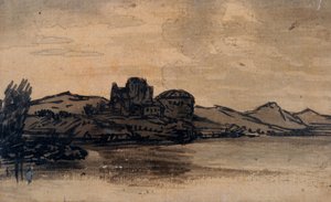 Italiensk landskap med kuppelbygning (blyant og vask på papir) av Alexander Cozens