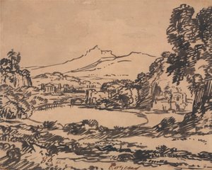 Landskap med en innsjø og fjernt fjell av Alexander Cozens