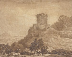 Landskap med et ødelagt tempel, ca. 1756 (grafitt og vask på papir) av Alexander Cozens