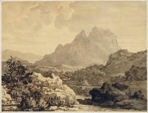 Fjelllandskap, ca. 1780 (grå og brun vask på papir forberedt med brun grunn)