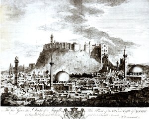 En utsikt over byen og slottet i Aleppo, Syria, 1754 av Alexander Drummond