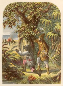Robinson Crusoe og Friday angriper villmennene av Alexander Francis Lydon