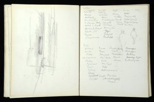 Skissebok (85 s.) som inneholder akvareller og tegninger relatert til Mass Observation Project i Bolton og Blackpool, 1938