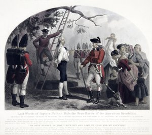Last Words of Captain Nathan Hale, pub. 1858 (håndfarget gravering)