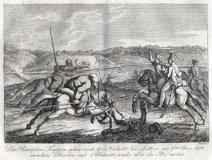 Russiske tropper drar etter slaget ved Lutzen tilbake over Elben - Sauerweid, Alexander Ivanovich (1783-1844) - 1813 - Etsning - 21x26 - Privat samling av Alexander Ivanovich Sauerweid