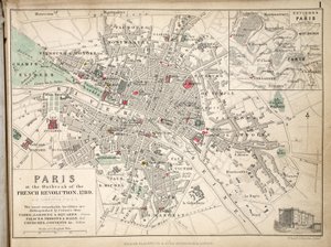 Kart over Paris ved utbruddet av den franske revolusjonen, 1789, utgitt av William Blackwood and Sons, Edinburgh og London, 1848 (håndfarget gravering)
