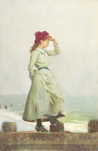 Young Girl on Seawall (akvarell på papir)