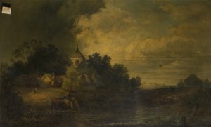 Romantisk landskap med hester som drikker, sent på 1800-tallet