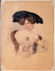 Portrett av kunstneren Yevdokiya Bakunina (1793-1882) i svart beret (Portrett av kunstneren Yevdokiya Bakunina i svart beret). Kunstverk av Alexander Pavlovich Briullov (Alexander Briullov) (1798-1877). Akvarell på papir
