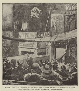 Mademoiselle Adelina Antonio fremfører sin doble bakoversalto fra taket på Royal Aquarium, Westminster av Alexander Stuart Boyd