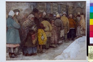 Kø i Russland under hungersnøden 1920-1921 - Kunstverk av Alexander Ivanovich Vakhrameyev (1874-1926), ca. 1921 - The Queue - Akvarell, hvit farge, svart kritt på papir av Alexander Ivanovich Vakhrameyev (1874-1926), ca. 22x29,5 cm - av Alexander Vakhrameyev