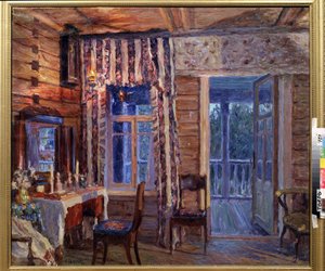 Interiør med ikonlampe. Maleri av Alexander Viktorovich Moravov (Alexander Victor) (1878-1951), olje på lerret