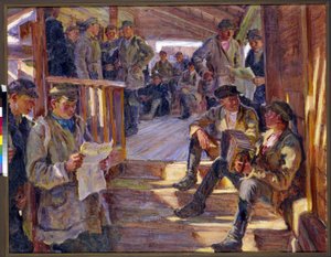Scene på en vervepost for den russiske hæren der menn snakker, leser, spiller trekkspill. (På en rekrutteringsstasjon). Maleri av Alexander Viktorovich Moravov (Alexander Victor) (1878-1951)