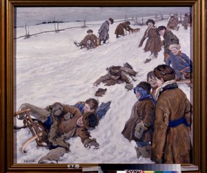 Vintersport (Vintersport). Sledescene, i et snødekt felt, varmt kledde barn som har det gøy og ler høyt. Maleri av Alexander Viktorovich (Alexander Victor) Moravov (1878-1951), olje på lerret
