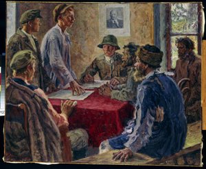 Et møte i fattigbondekomiteen i 1918 (A Sitting of the Poor Peasants Committee i 1918). Maleri av Alexander Viktorovich Moravov (Alexander Victor) (1878-1951), olje på lerret